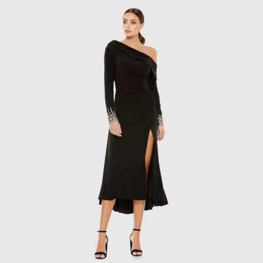 Mac Duggal 26485 Foldover Long Sleeve Jeweled Midi Dress BLACK SZ 4 NWOT
